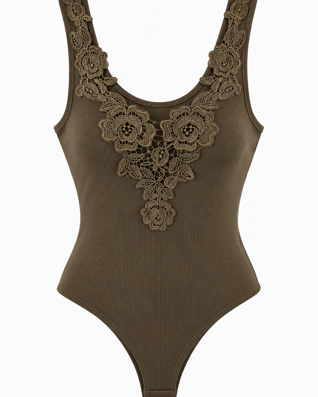 Ribbed Floral Lace Bodysuit 🤎
