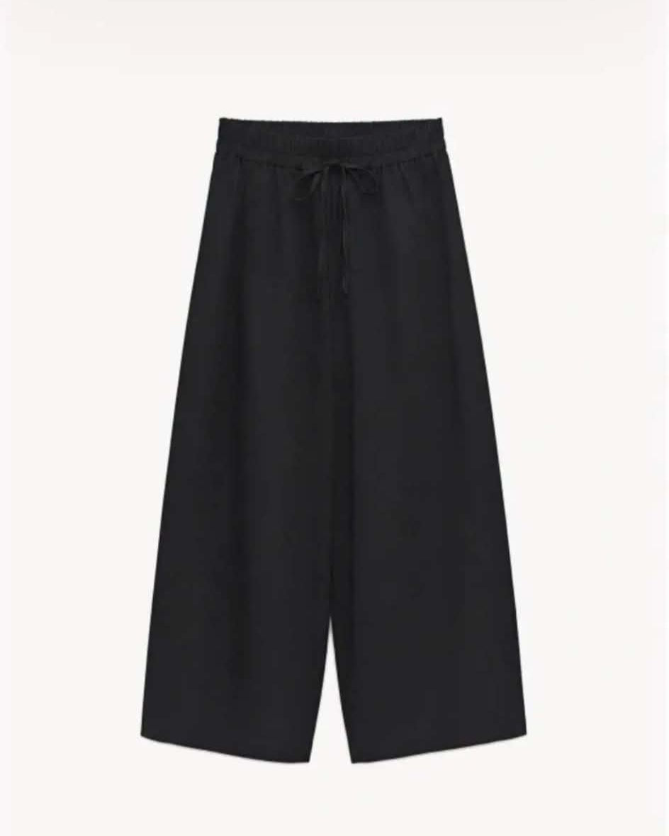 Μαύρο Βαμβακερό Παντελόνι Wide Leg με Ελαστική Μέση
