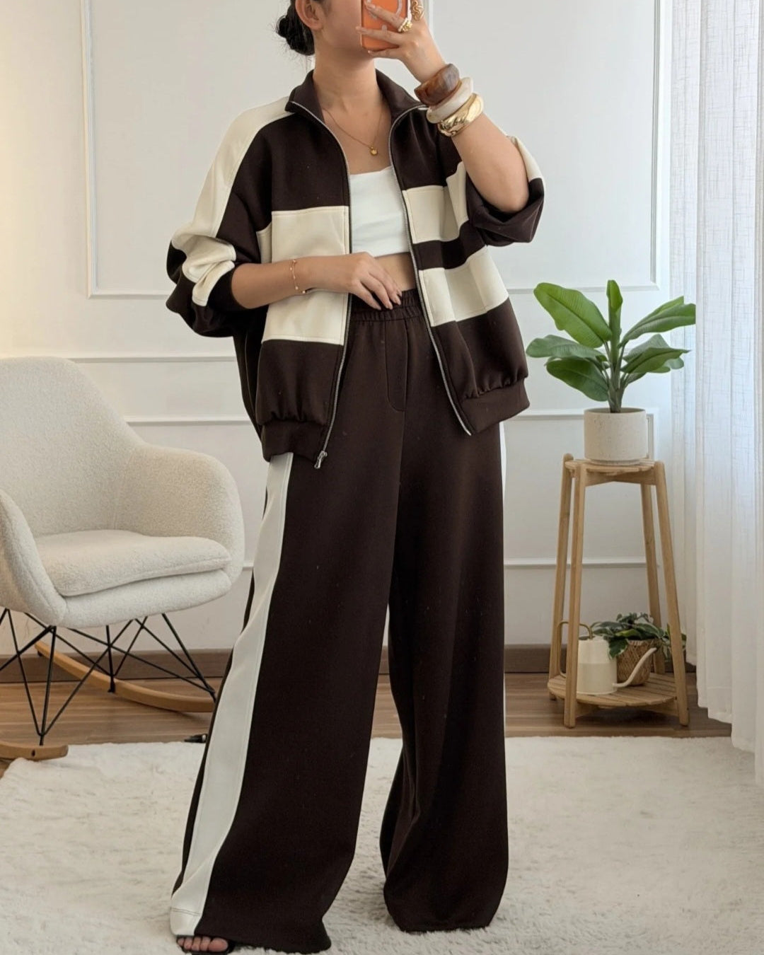 Wide Leg Παντελόνι Φόρμας Καφέ–Εκρού – Lumina