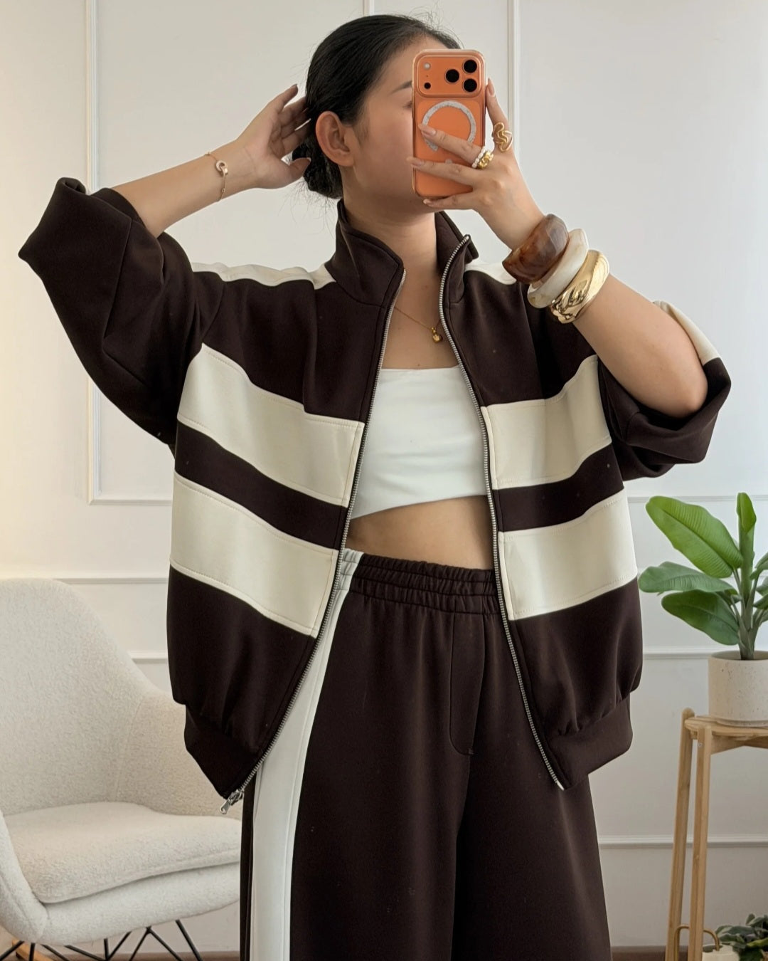 Oversized Zip Jacket Δίχρωμο Καφέ–Εκρού – Lumina